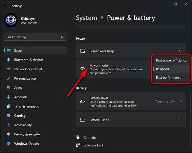 تنظیمات اولیه برای افزایش سرعت ویندوز 11 پس از نصب 2 Change Power Mode Settings in Windows 11 body 2